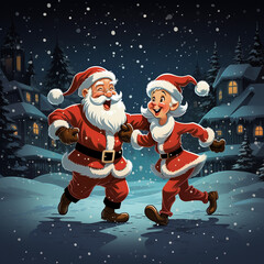 Mr. and Mrs. Santa Claus dancing in the snow