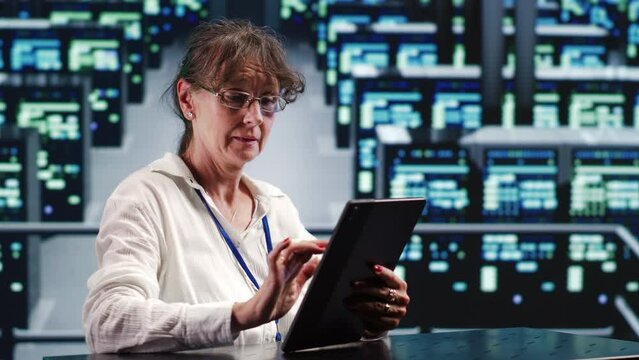 Hardworking supervisor in server room housing high end machines capable of quickly and efficiently performing complex computations and data analysis, using tablet to stop failures