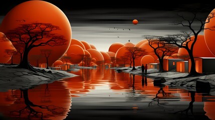 Surreal Dream Scape inspired by 3D art  - dark and orange artistic depiction of an imaginary world with a flowing river (Generative AI)
