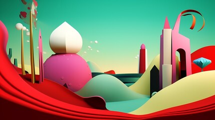 Surreal Dream Scape inspired by 3D art - surreal geometry landscape with tall imaginary houses(Generative AI)