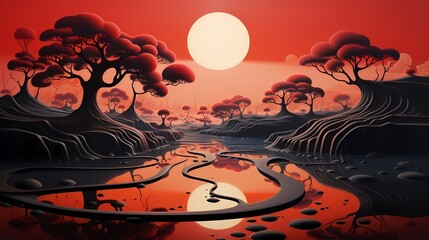 Surreal Dream Scape inspired by 3D art - red safari with pink clouds (Generative AI)