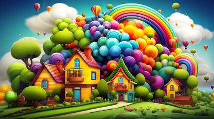 Surreal Dream Scape inspired by 3D art - colourful happy village with a rainbow (Generative AI)