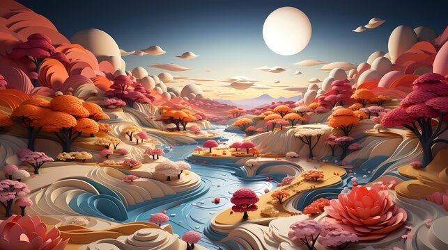 Surreal Dream Scape inspired by 3D art - dreamy river in the valley (Generative AI)