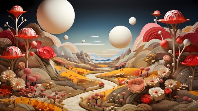 Surreal Dream Scape inspired by 3D art - dreamy alien world with multiple suns and pink mushrooms(Generative AI)