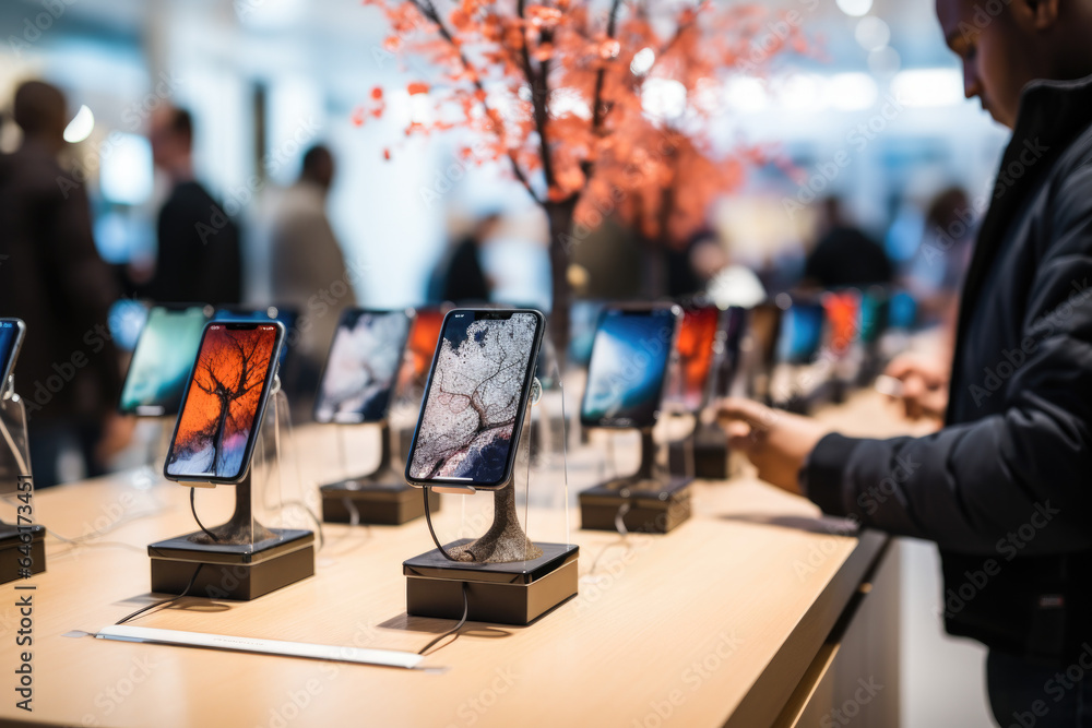 Poster shoppers comparing prices and product features on their smartphones while in-store. generative ai.