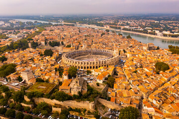 Panorama of ancient town Arles with old roman arena in Provence and Cote d'Azur, France