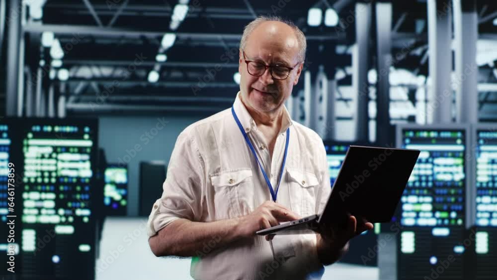 Aufkleber focused it professional navigating network of blade servers in industrial hub. serviceman with lapto