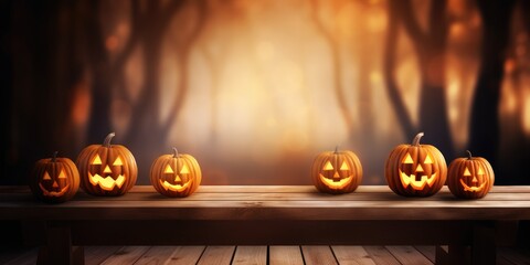 Halloween Wooden empty table in front of blurred A Pumpkin On Table In Spooky Landscape, with a haunted evil glowing eyes of jack o lantern