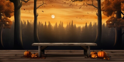 Halloween Wooden empty table in front of blurred A Pumpkin On Table In Spooky Landscape, with a haunted evil glowing eyes of jack o lantern