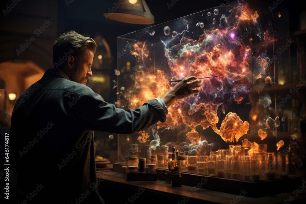 Poster a teacher leads a virtual science experiment, demonstrating practical concepts through video demonst