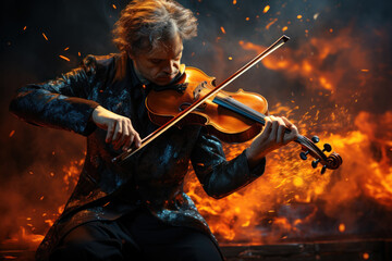 Fototapeta premium A musician passionately plays a violin, immersing in the auditory world and expressing their artistic sensory style. Generative AI.