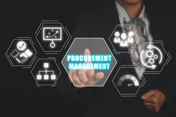 Procurement management concept, Businesswoman hand touching procurement management icon on virtual screen. - obrazy, fototapety, plakaty