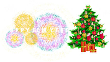 Christmas and New Year 2024 greeting cards with fireworks, Christmas trees and gifts isolated on white