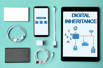 Tablet with text Digital Inheritance and scheme with many different icons on screen. Devices and...