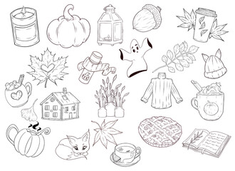 Set of autumn contour art on a white background