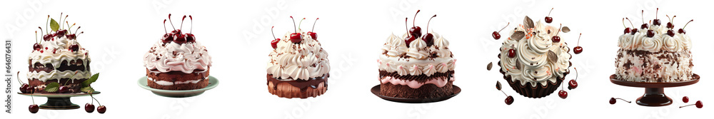 Poster png set top view of a black forest cake with whipped cream cherries and a transparent background 3d 