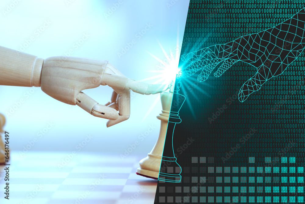 Poster wooden and digital hands touching chess piece. cyber hand against binary code symbolizing artificial