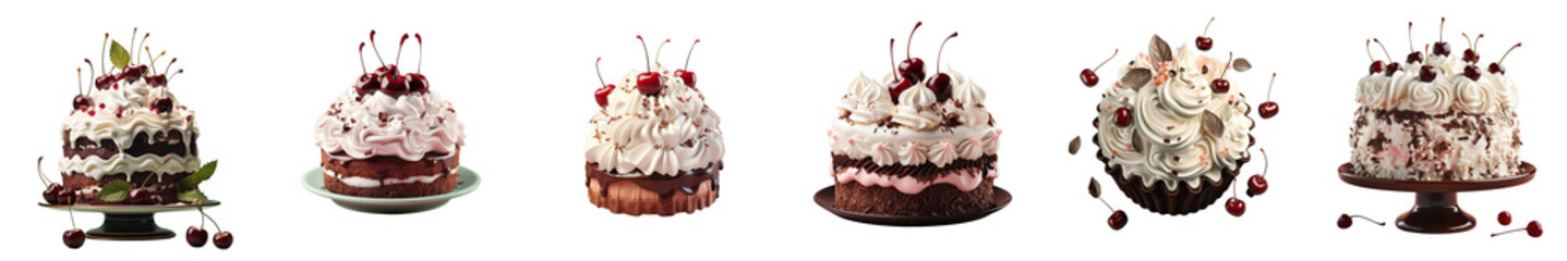 Png Set Top view of a black forest cake with whipped cream cherries and a transparent background 3D rendering