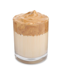 Glass of delicious dalgona coffee isolated on white