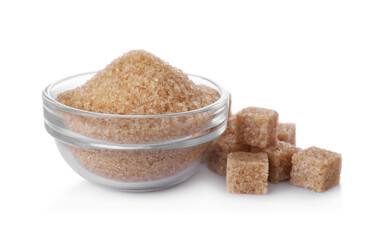 Different types of brown sugar isolated on white