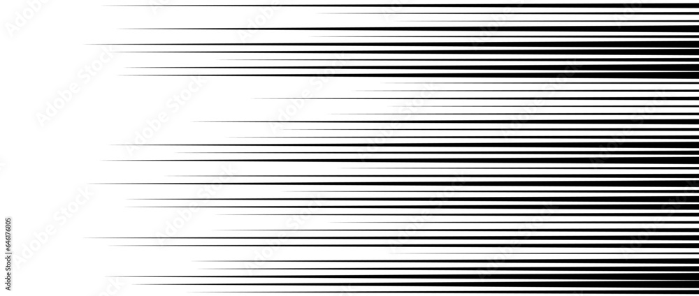 Poster Straight speed lines repeating pattern. Black and white horizontal stripes gradient. Abstract fast effect texture. Comic cartoon rays and beams wallpaper. Vector pop art background