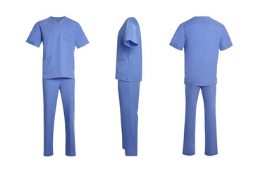 Blue medical uniform isolated on white, collage with back, side and front views