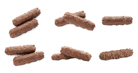 Collage with chocolate bars isolated on white