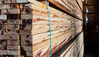 Close up stack of pile woods in wood warehouse ready for shipping
