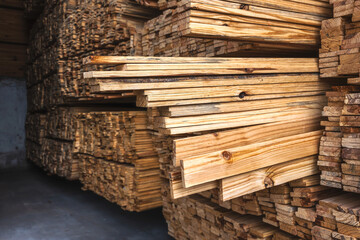 Close us stack of wood planks in wood factory