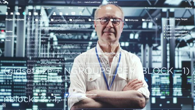 Elderly software developer in high tech data center looking at hologram visualization of coding lines. It programmer working on securing server terminals, preventing hacker attacks