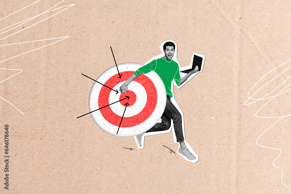 Poster creative composite photo abstract collage of purposeful happy man hold laptop darts disk hurry runni