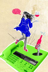 Vertical collage image of excited mini black white effect elegant girl dancing huge fax machine arm hold wine bottle glass dialogue bubble