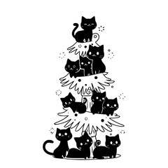 Fototapeta na wymiar Cats on the christmas tree. Funny cats climbed onto the top. Kawaii vector illustration isolated on white background. Christmas design for t-shirt, invitation, emblem, stickers