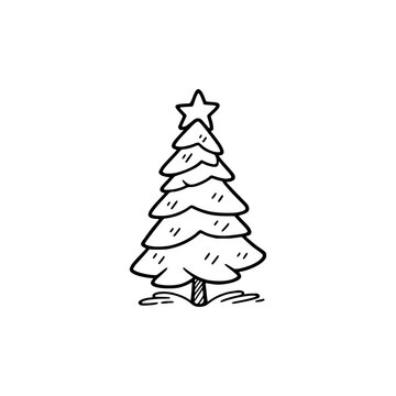 Tiny Christmas tree doodle illustration. Easy drawing line work. Simple vector isolated on white background. Christmas mini design for t-shirt, tattoo, invitation, emblem, stickers.