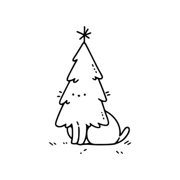 Funny cat hiding behind the Christmas tree. Easy drawing line work. Simple vector illustration isolated on white background. Christmas mini design for t-shirt, tattoo, invitation, emblem, stickers.