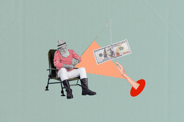 Creative painting 3d picture collage of funny elderly businessman catch fish rod salary keep his...
