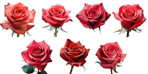 Png Set Top view of a dew covered red rose bud isolated on a transparent background