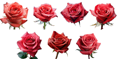 Png Set Top view of a dew covered red rose bud isolated on a transparent background