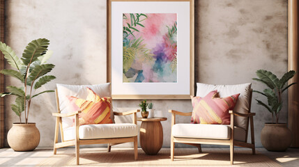 a colorful poster in a sitting room, bohemian modern interior design