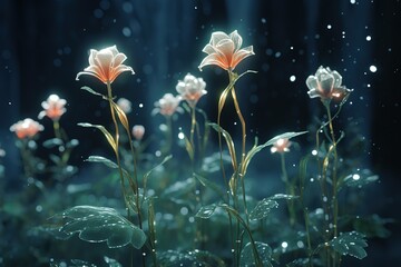 Fototapeta na wymiar Illuminated Flowers in the Dark Forest