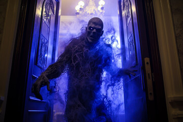 Halloween haunted house scare actor, jump scare, indoor event, scary attraction