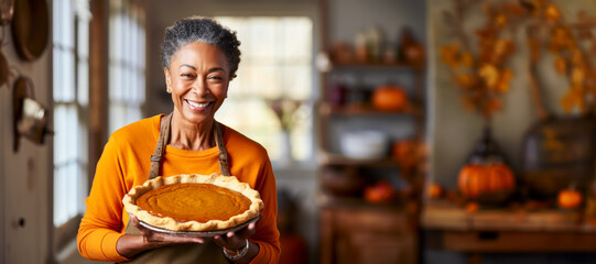 Grandmother old lady holding a pumpkin pie, copyspace, wide banner, fall autumn season, Thanksgiving holiday - Powered by Adobe