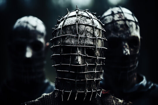 Halloween horror costume, wire head cage, actor