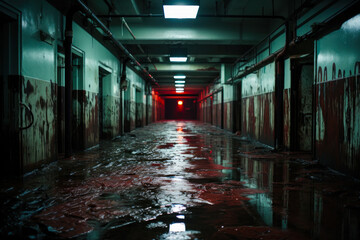 Bloody hallway, Halloween environment, horror background, sanatarium or hospital, prison