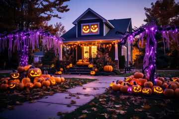 Home decorated for Halloween, pumpkins and purple string lights at night, holiday yard decor, exterior seasonal decorations