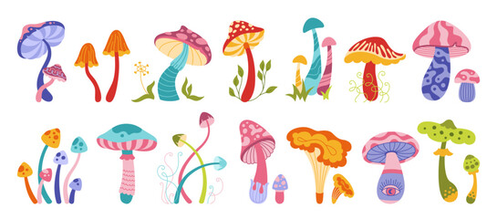 Mushrooms mystical boho magic set. Stylizes hippie poisonous and edible mushrooms. Organic porcini and chanterelle, psychedelic fungus. Tattoo or stickers retro alchemy collection vibrant vector © neliakott