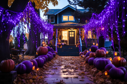 Home decorated for Halloween with purple string lights and pumpkins, holiday yard decor, exterior seasonal decorations