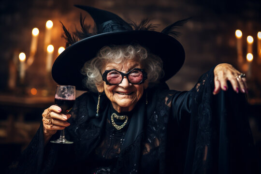 Elderly old lady wearing a witch costume and holding a glass of wine at a Halloween party