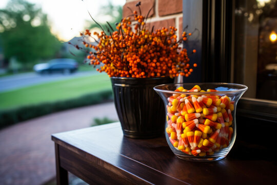 Bowl of Halloween candy corn and orange floral arrangement on table, front porch, seasonal decor