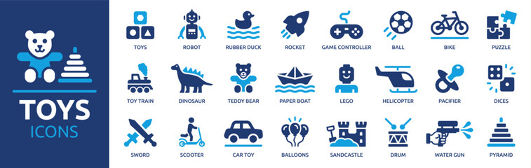 Toys icon set. Containing robot, bike, game controller, ball, puzzle, teddy bear, toy train and scooter icons. Solid icon collection. Vector illustration. © Icons-Studio